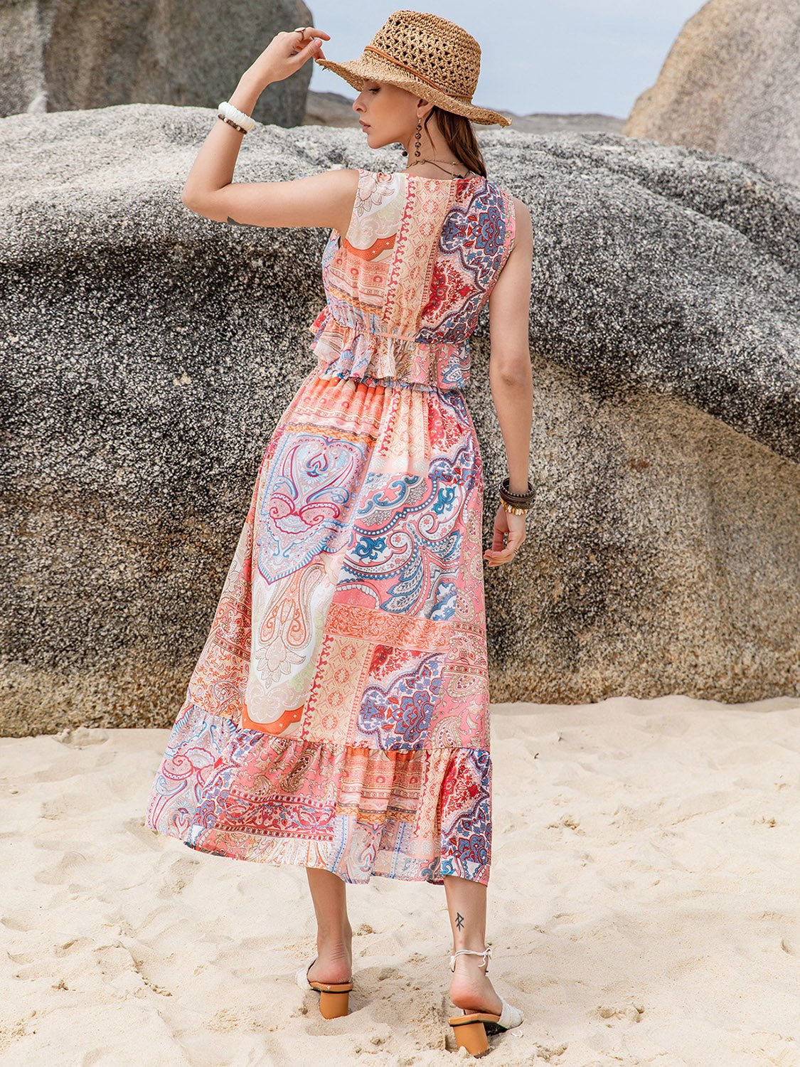 Printed V - Neck Top and Midi Skirt Set - Flip Flop Dynasty
