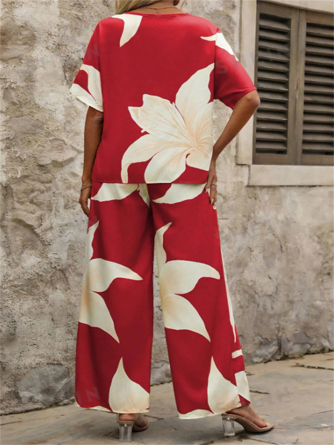 Printed V - Neck Top and Pants Set - Flip Flop Dynasty