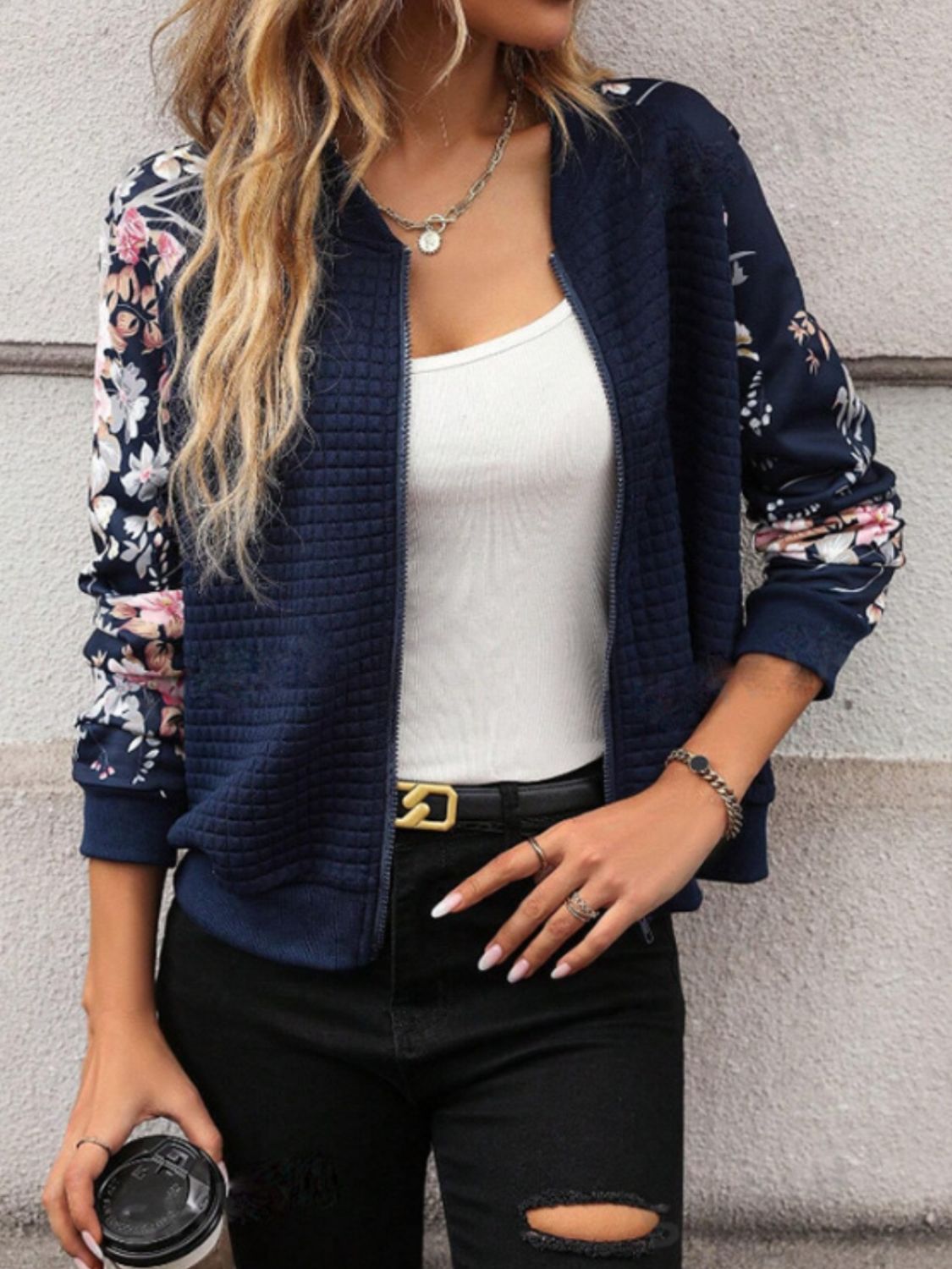 Printed Zip Up Long Sleeve Jacket - Flip Flop Dynasty