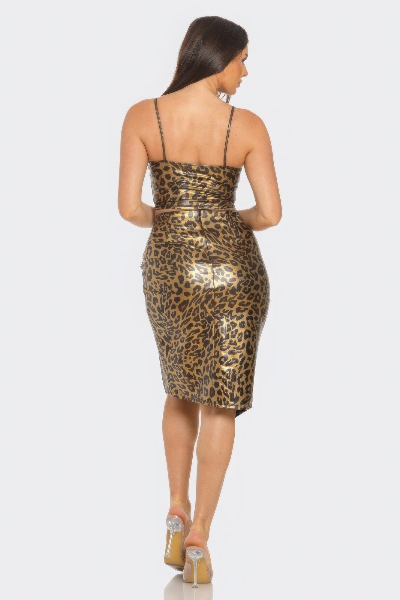 Pu Cheetah Print Top & Front Wrap Slit Skirt Set - Flip Flop Dynasty