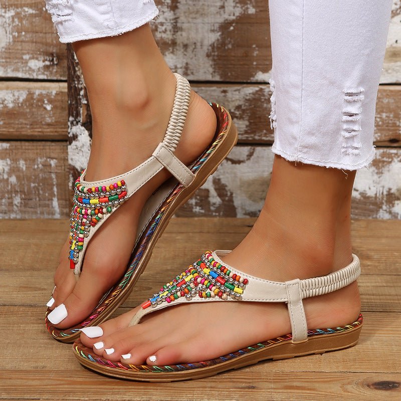 PU Leather Beaded Flat Sandals - Flip Flop Dynasty