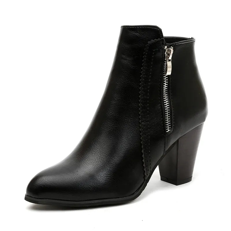 PU Leather Block Heel Boots - Flip Flop Dynasty