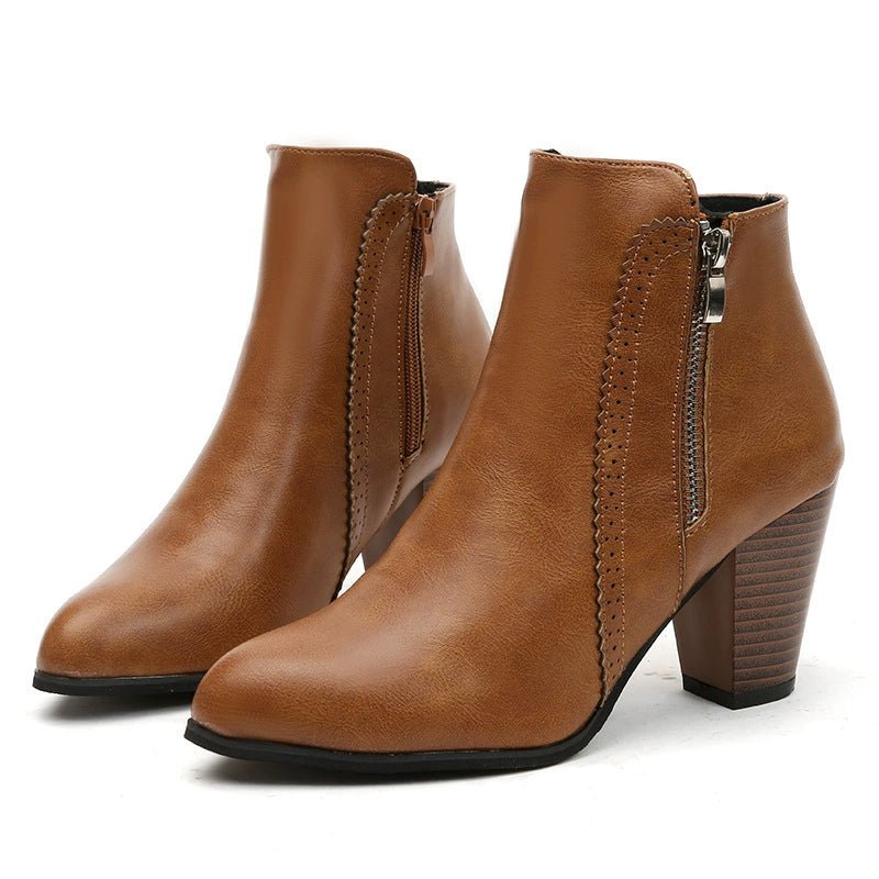 PU Leather Block Heel Boots - Flip Flop Dynasty