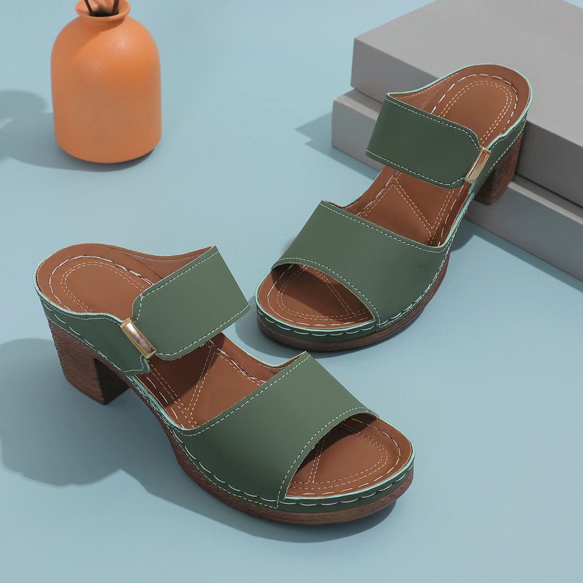 PU Leather Block Heel Sandals - Flip Flop Dynasty