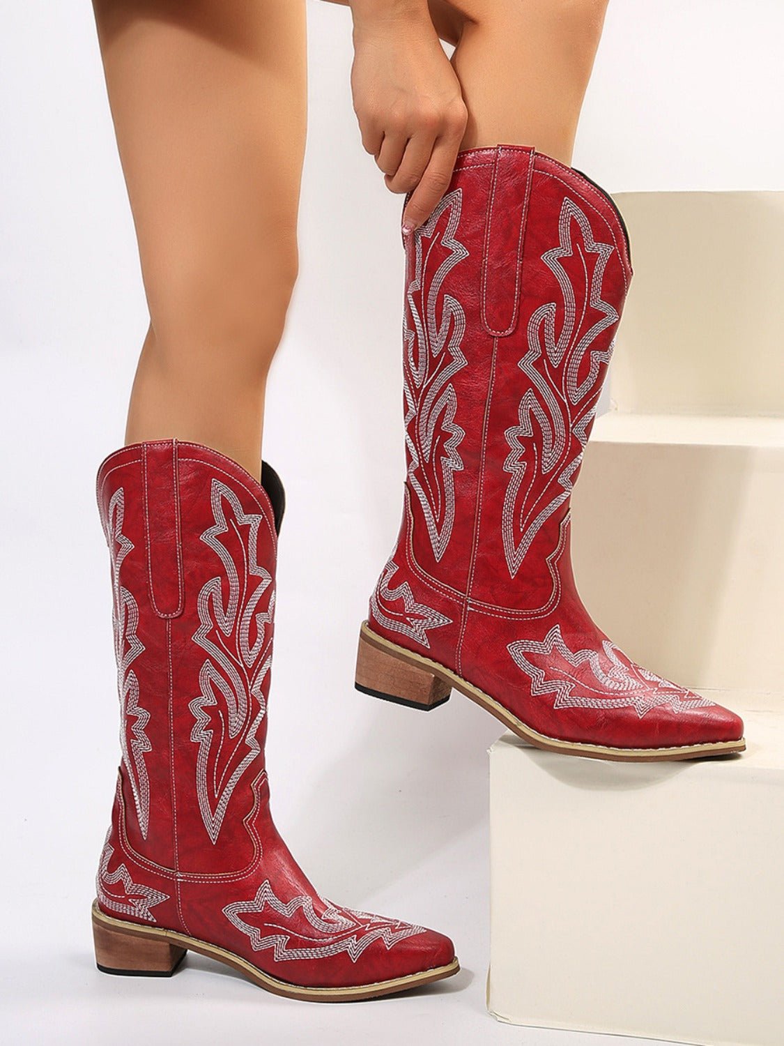 PU Leather Embroidered Geometric Point Toe Boots - Flip Flop Dynasty