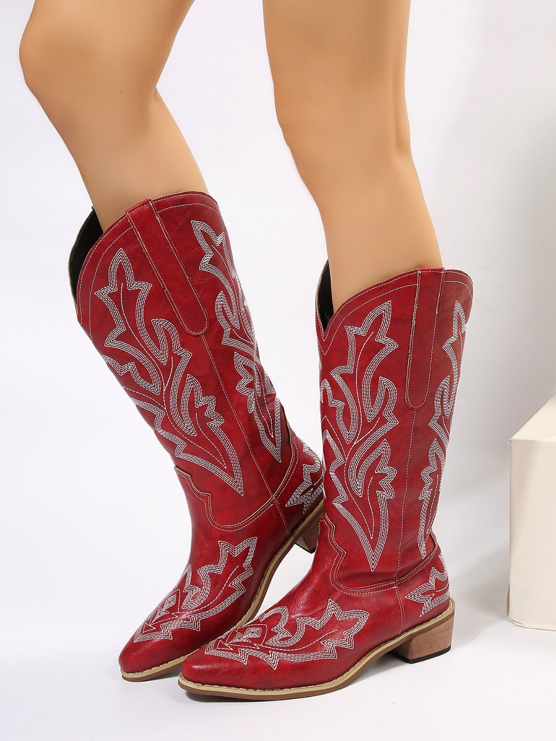 PU Leather Embroidered Geometric Point Toe Boots - Flip Flop Dynasty