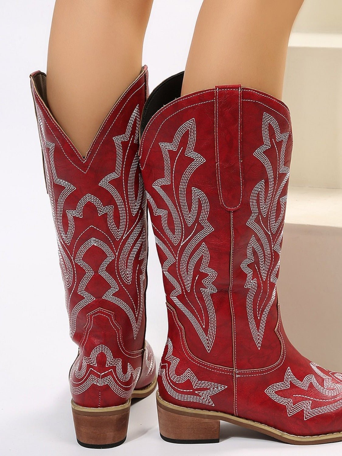 PU Leather Embroidered Geometric Point Toe Boots - Flip Flop Dynasty