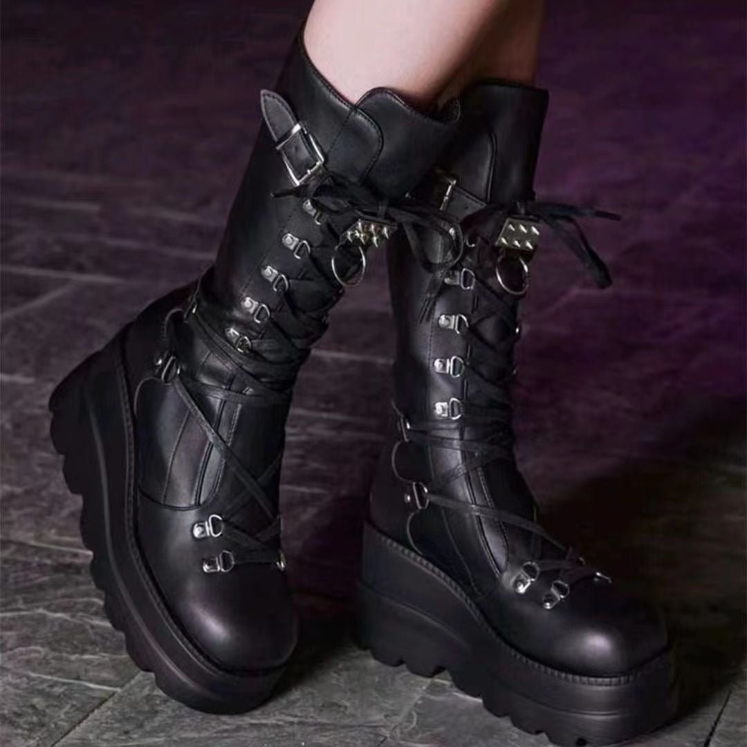 PU Leather Lace Up Wedge Boots - Flip Flop Dynasty