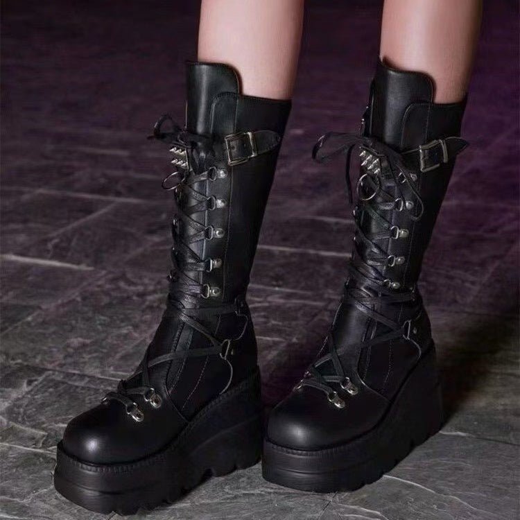 PU Leather Lace Up Wedge Boots - Flip Flop Dynasty