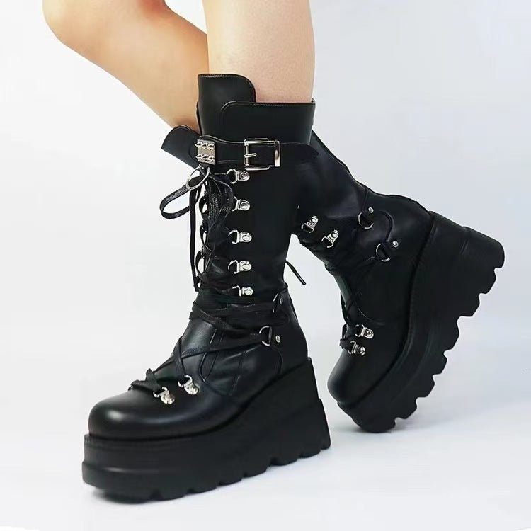 PU Leather Lace Up Wedge Boots - Flip Flop Dynasty