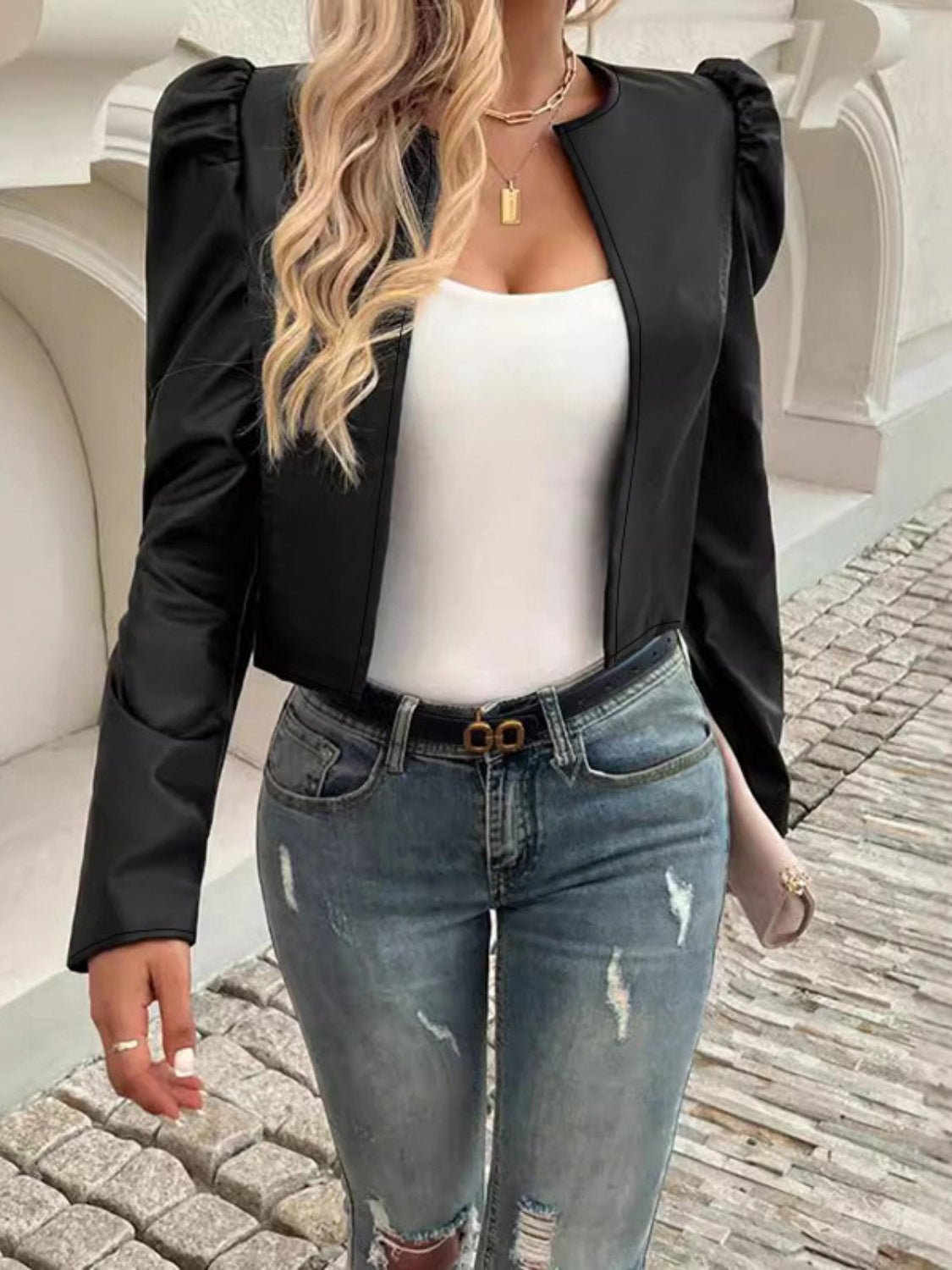 PU Leather Open Front Puff Sleeve Jacket - Flip Flop Dynasty