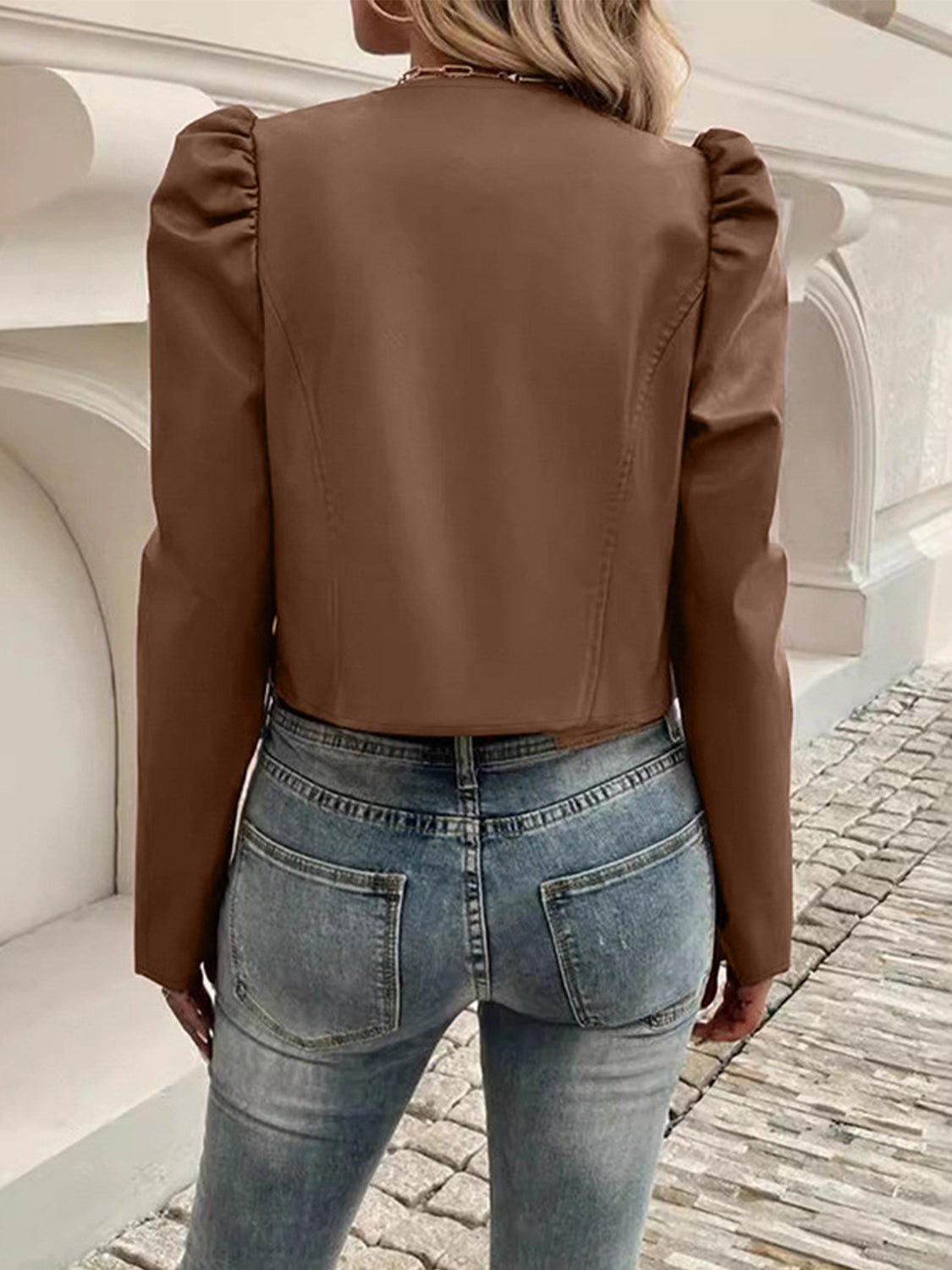 PU Leather Open Front Puff Sleeve Jacket - Flip Flop Dynasty