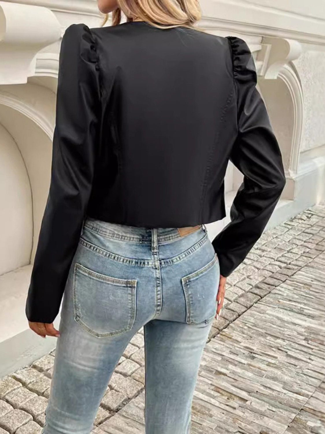 PU Leather Open Front Puff Sleeve Jacket - Flip Flop Dynasty