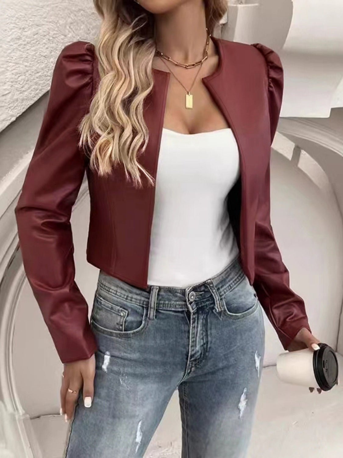 PU Leather Open Front Puff Sleeve Jacket - Flip Flop Dynasty