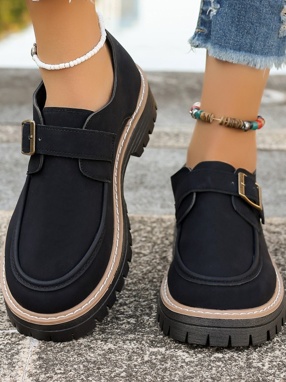 PU Leather Round Toe Buckle Loafers - Flip Flop Dynasty