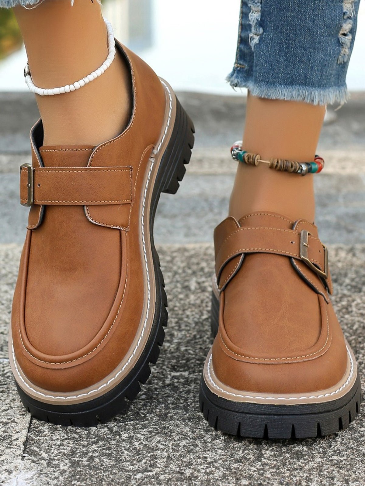 PU Leather Round Toe Buckle Loafers - Flip Flop Dynasty