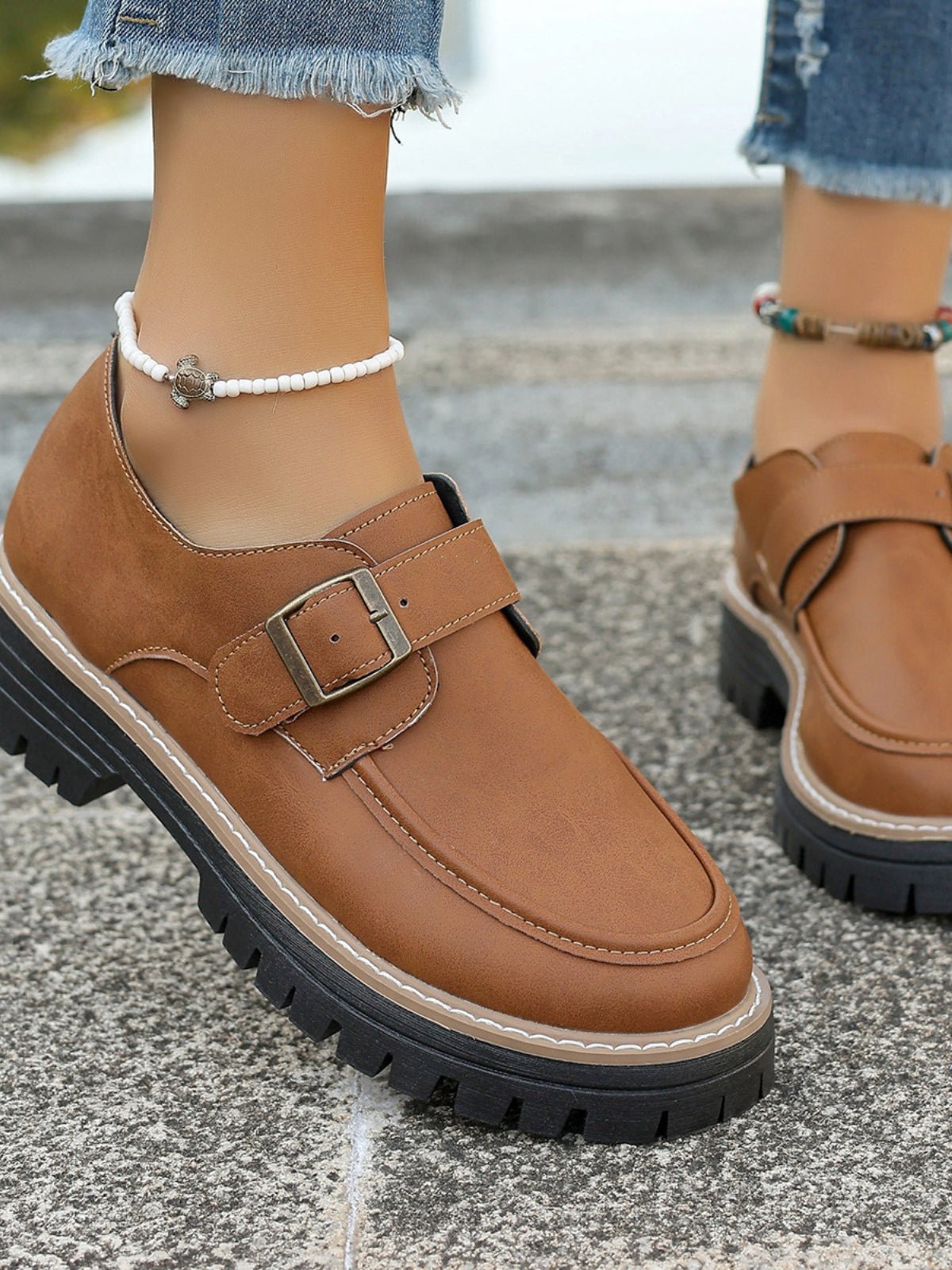 PU Leather Round Toe Buckle Loafers - Flip Flop Dynasty