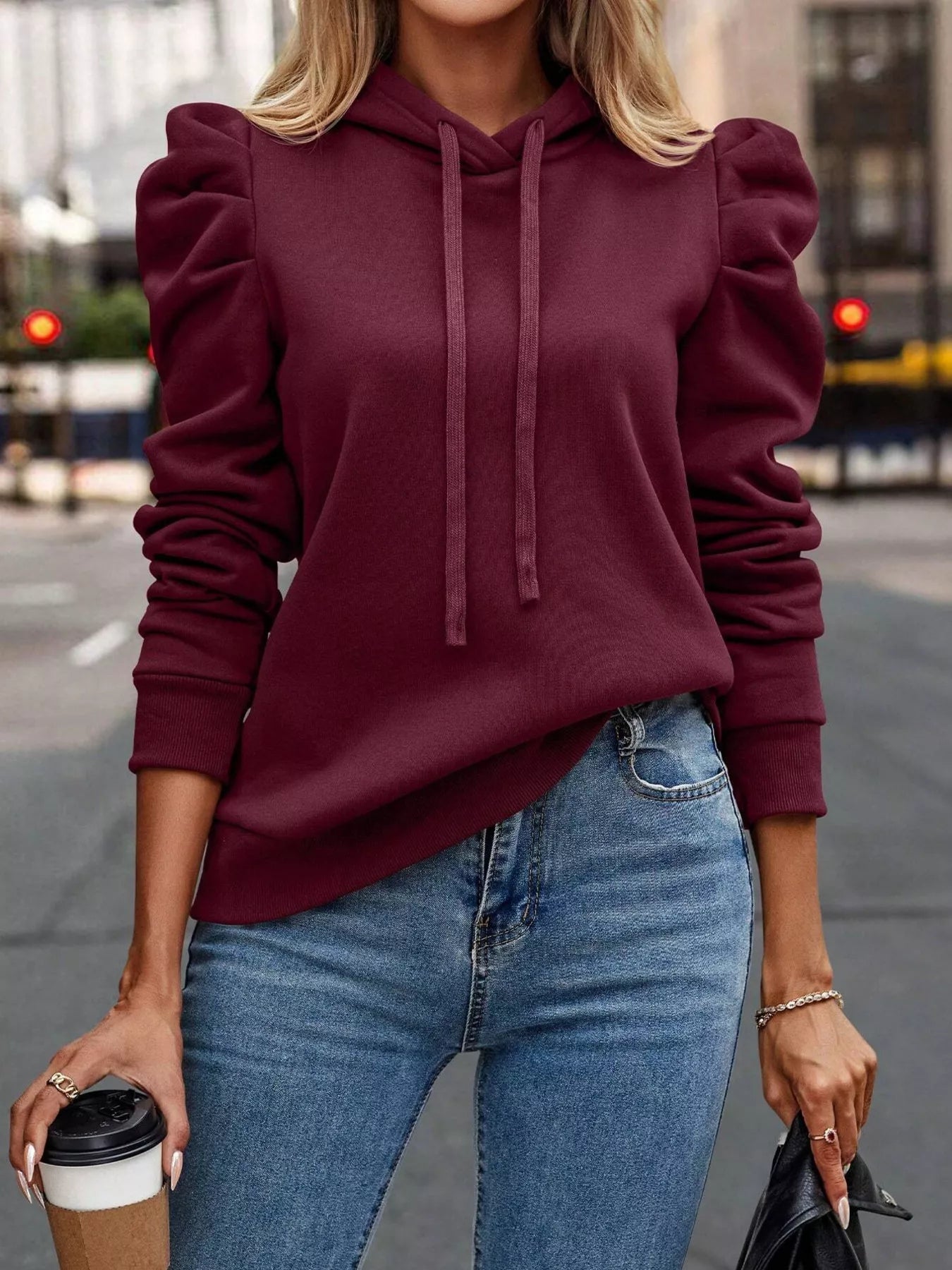 Puff Sleeve Hoodie with Drawstring - Flip Flop Dynasty