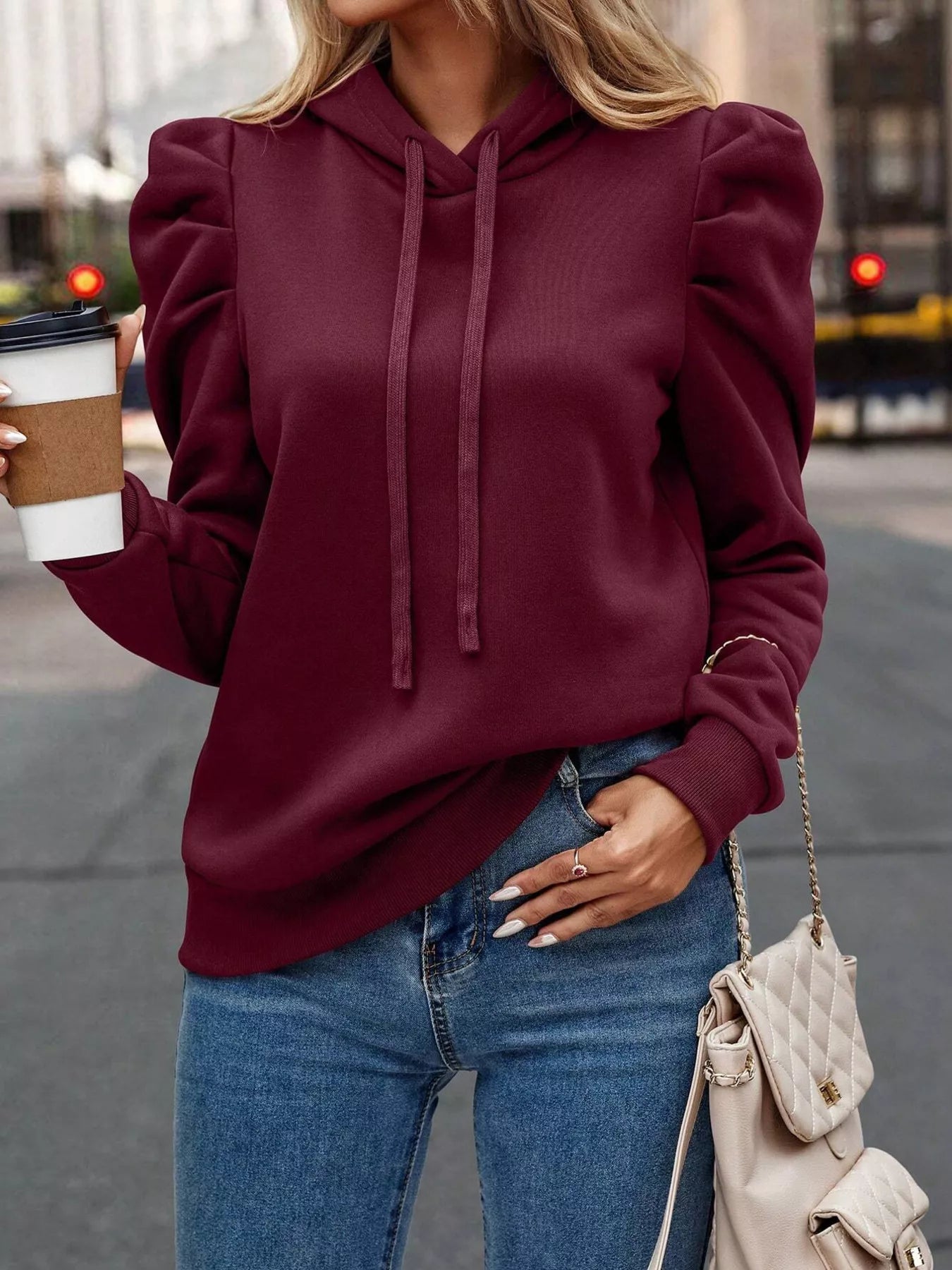 Puff Sleeve Hoodie with Drawstring - Flip Flop Dynasty