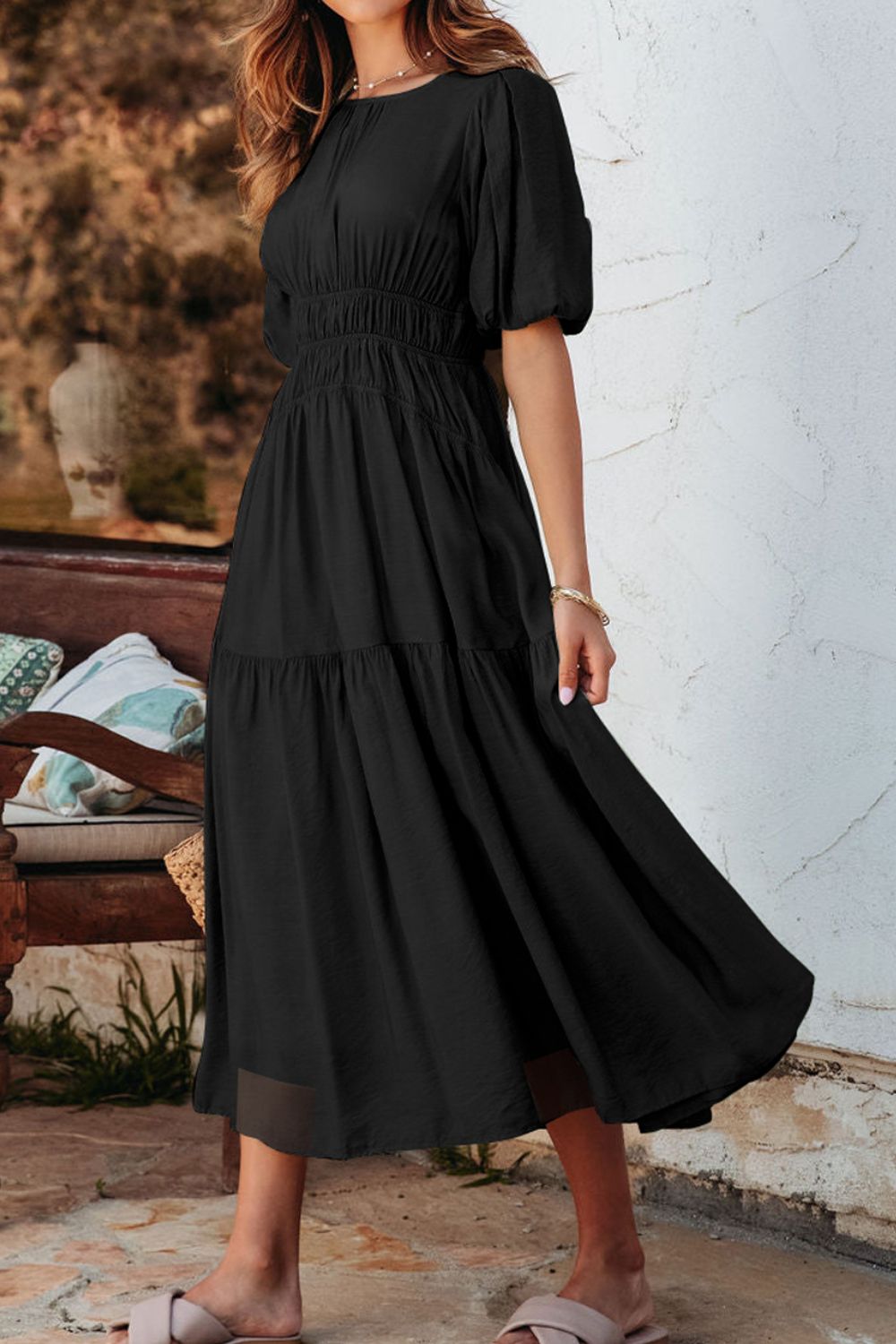 Puff Sleeve Pleated High Waist Flowy Midi Dress - Flip Flop Dynasty