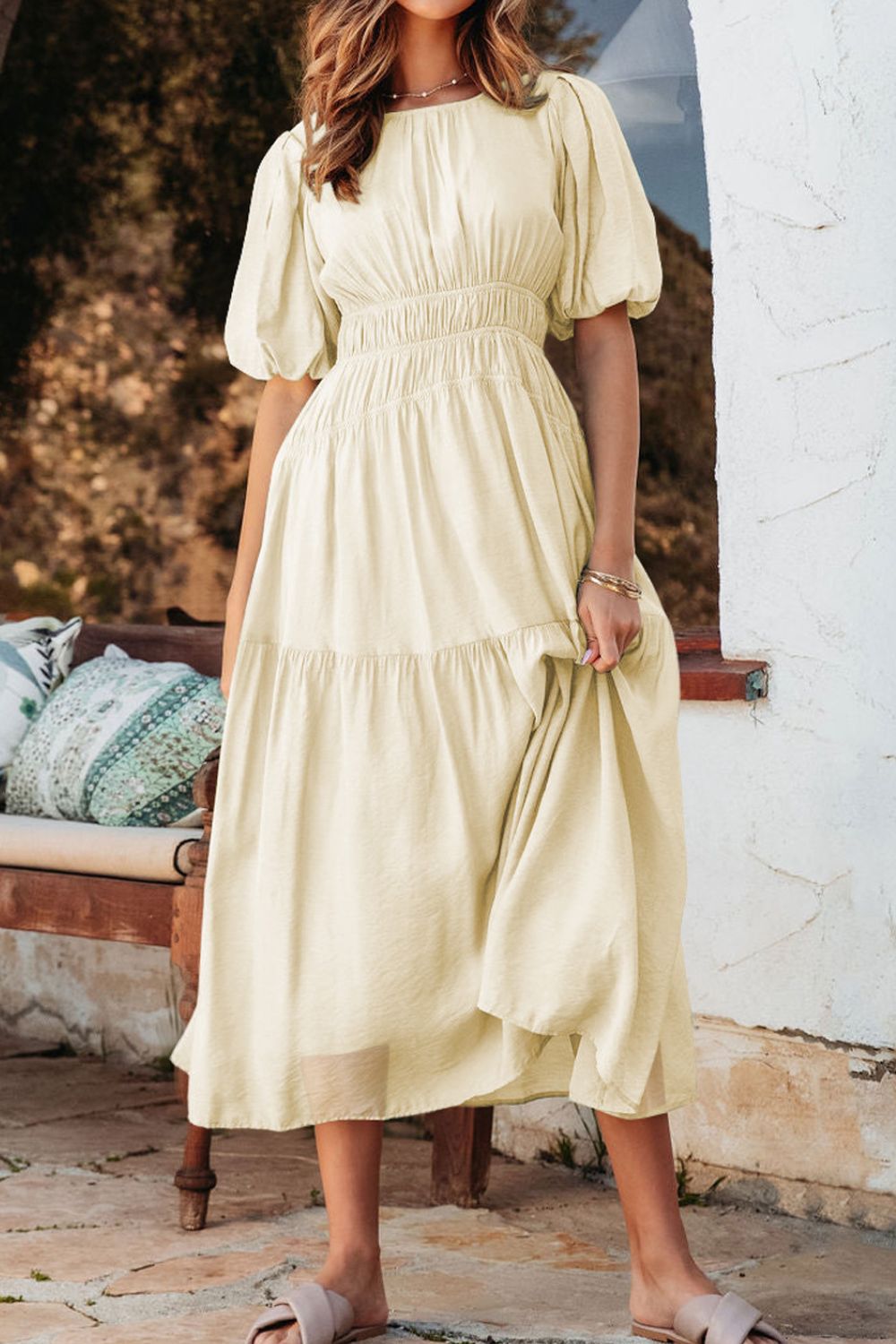 Puff Sleeve Pleated High Waist Flowy Midi Dress - Flip Flop Dynasty