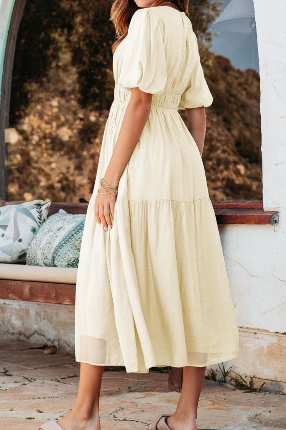 Puff Sleeve Pleated High Waist Flowy Midi Dress - Flip Flop Dynasty