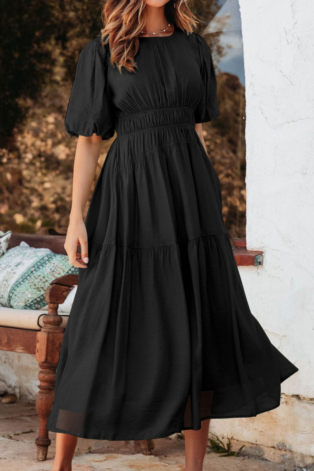 Puff Sleeve Pleated High Waist Flowy Midi Dress - Flip Flop Dynasty