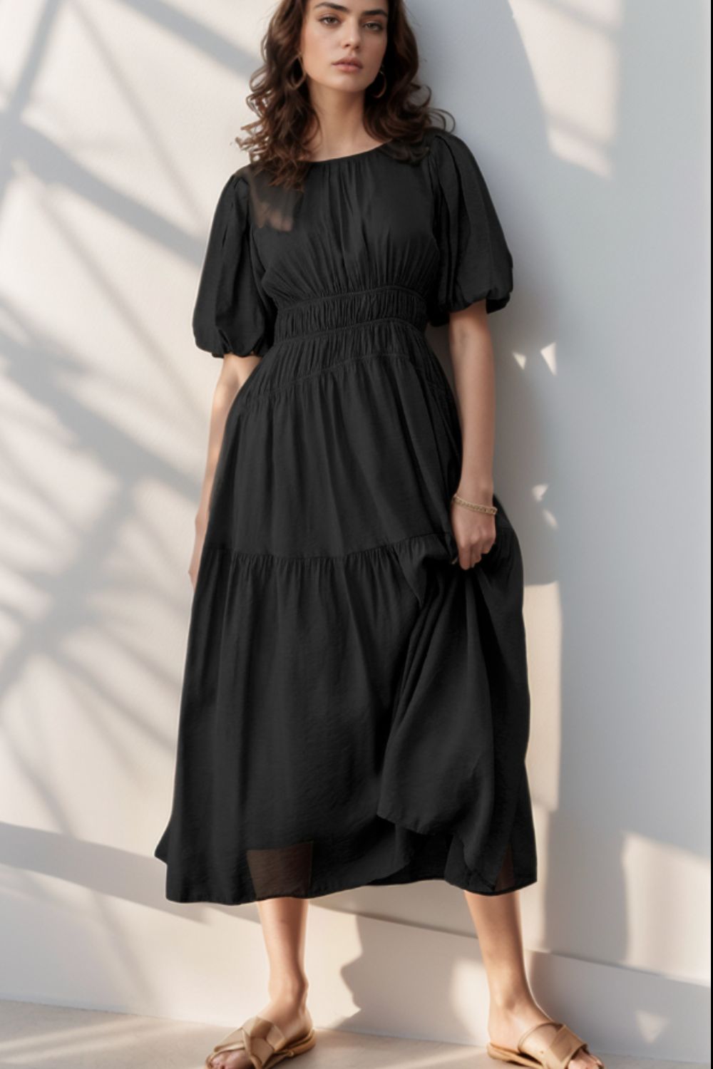 Puff Sleeve Pleated High Waist Flowy Midi Dress - Flip Flop Dynasty