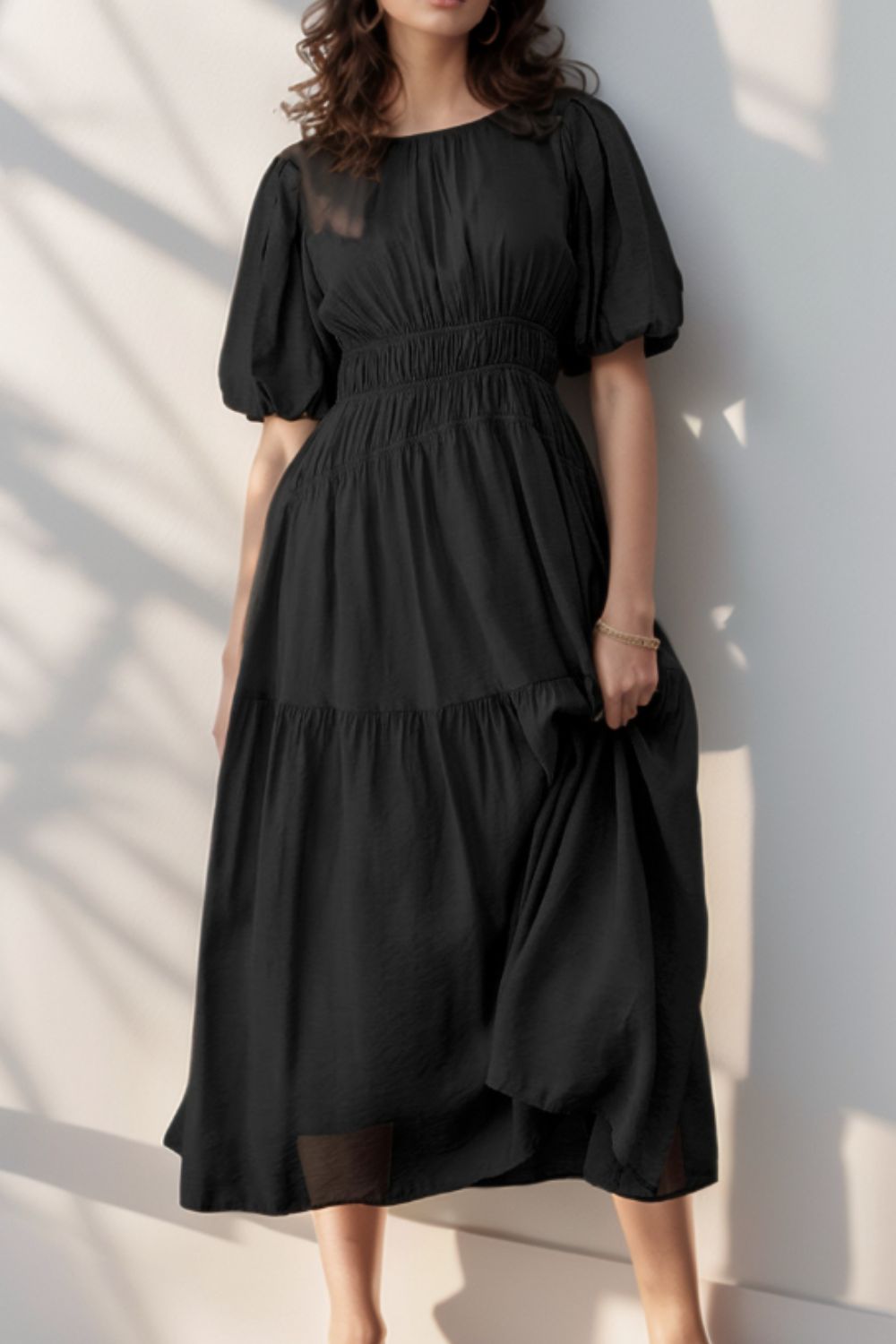 Puff Sleeve Pleated High Waist Flowy Midi Dress - Flip Flop Dynasty