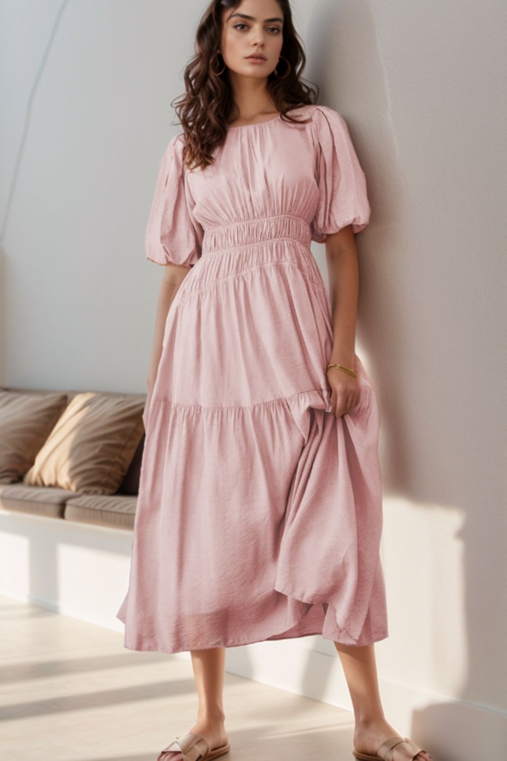 Puff Sleeve Pleated High Waist Flowy Midi Dress - Flip Flop Dynasty