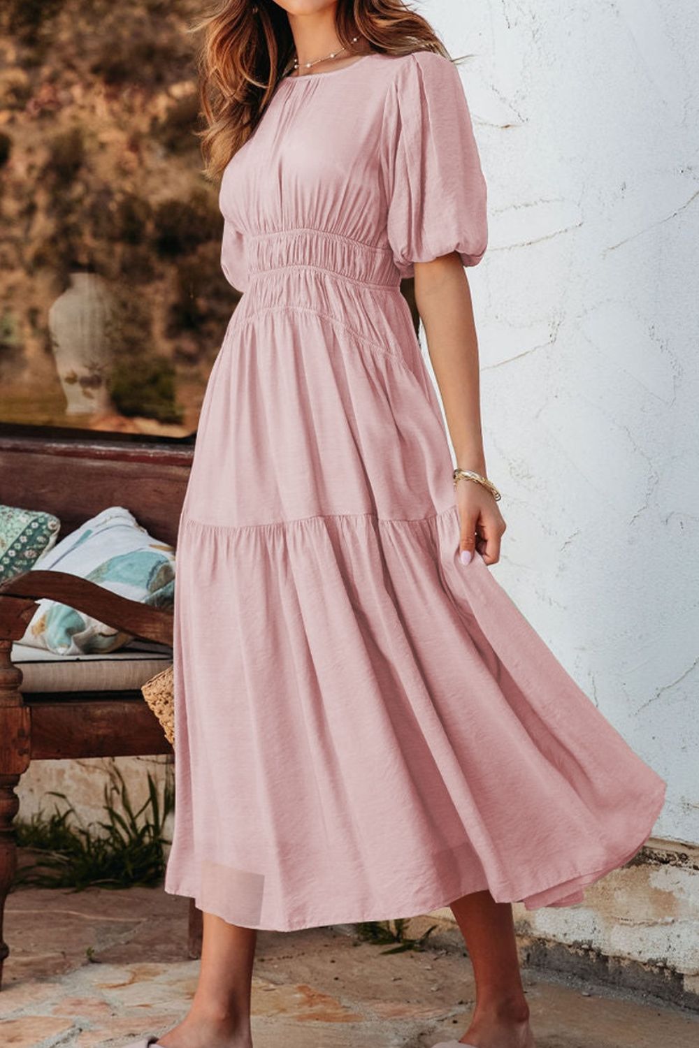 Puff Sleeve Pleated High Waist Flowy Midi Dress - Flip Flop Dynasty