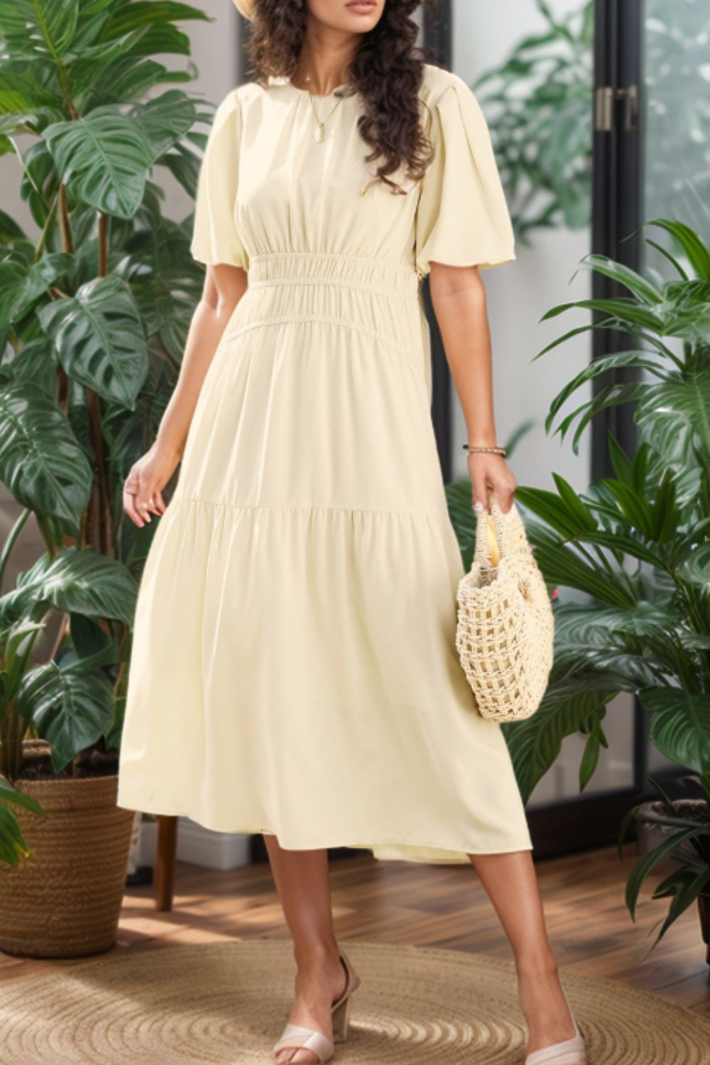 Puff Sleeve Pleated High Waist Flowy Midi Dress - Flip Flop Dynasty