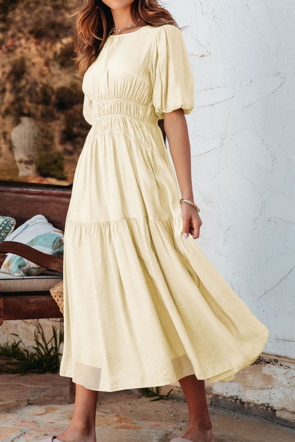 Puff Sleeve Pleated High Waist Flowy Midi Dress - Flip Flop Dynasty