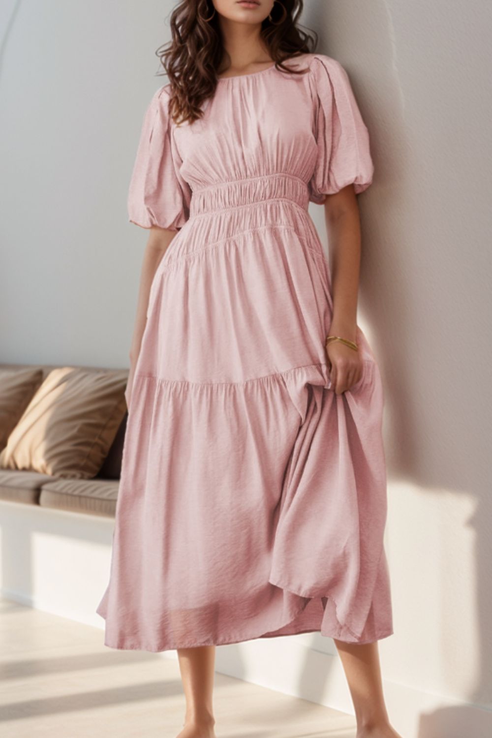 Puff Sleeve Pleated High Waist Flowy Midi Dress - Flip Flop Dynasty