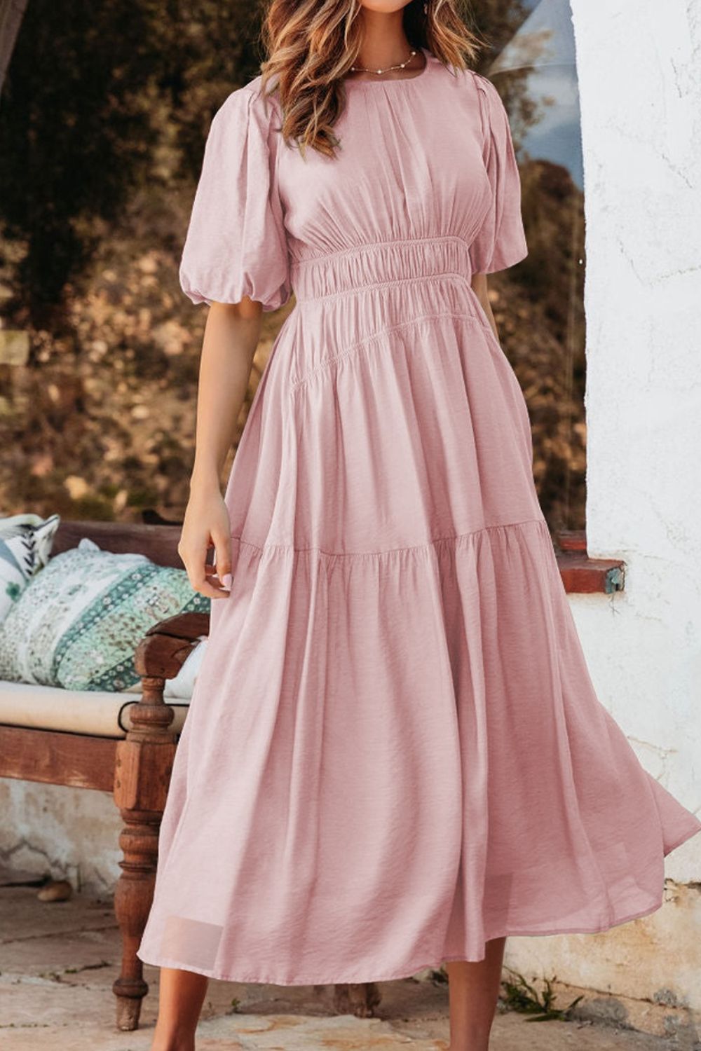 Puff Sleeve Pleated High Waist Flowy Midi Dress - Flip Flop Dynasty