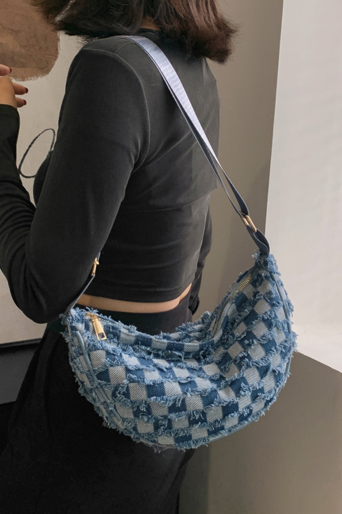 Raw Hem Checkered Denim Crossbody Bag - Flip Flop Dynasty