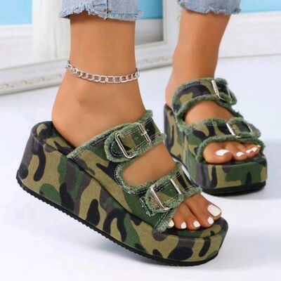 Raw Hem Wedge Buckle Sandals - Flip Flop Dynasty