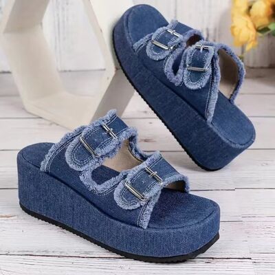 Raw Hem Wedge Buckle Sandals - Flip Flop Dynasty