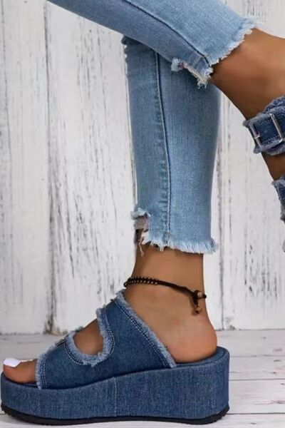 Raw Hem Wedge Buckle Sandals - Flip Flop Dynasty