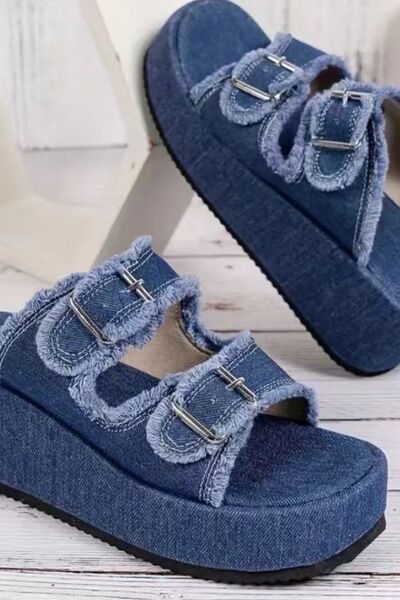 Raw Hem Wedge Buckle Sandals - Flip Flop Dynasty