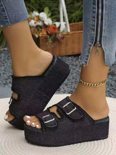 Raw Hem Wedge Buckle Sandals - Flip Flop Dynasty