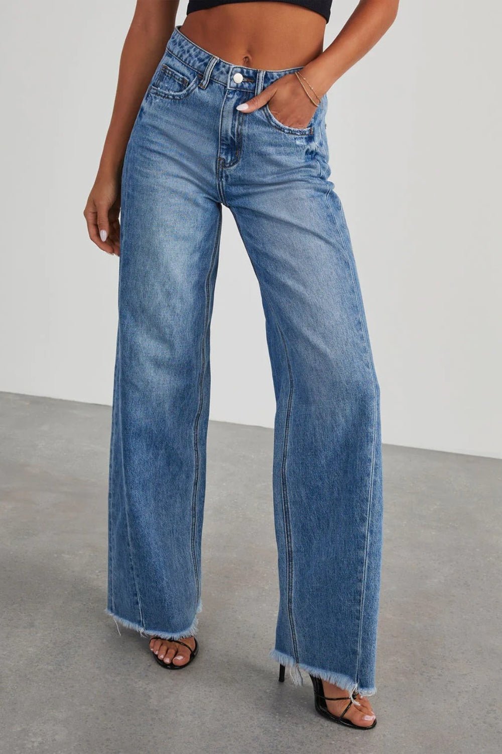 Raw Hem Wide Leg Jeans with Pockets - Flip Flop Dynasty
