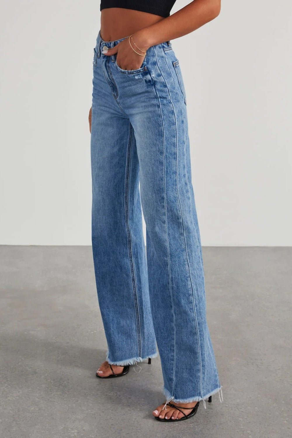 Raw Hem Wide Leg Jeans with Pockets - Flip Flop Dynasty