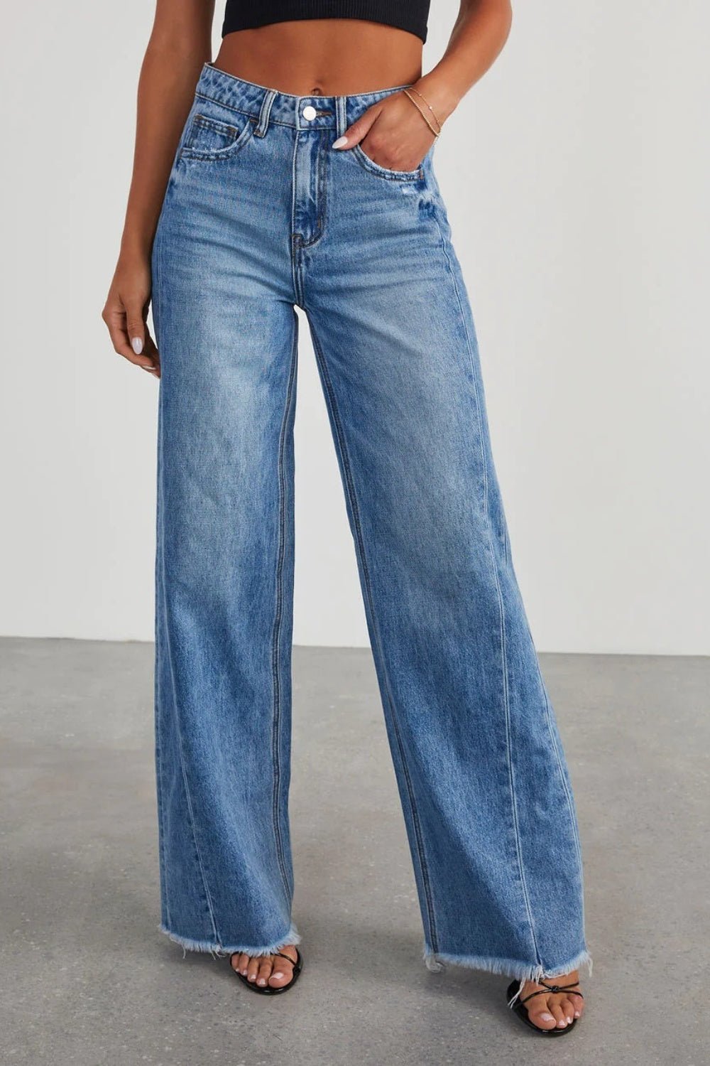 Raw Hem Wide Leg Jeans with Pockets - Flip Flop Dynasty