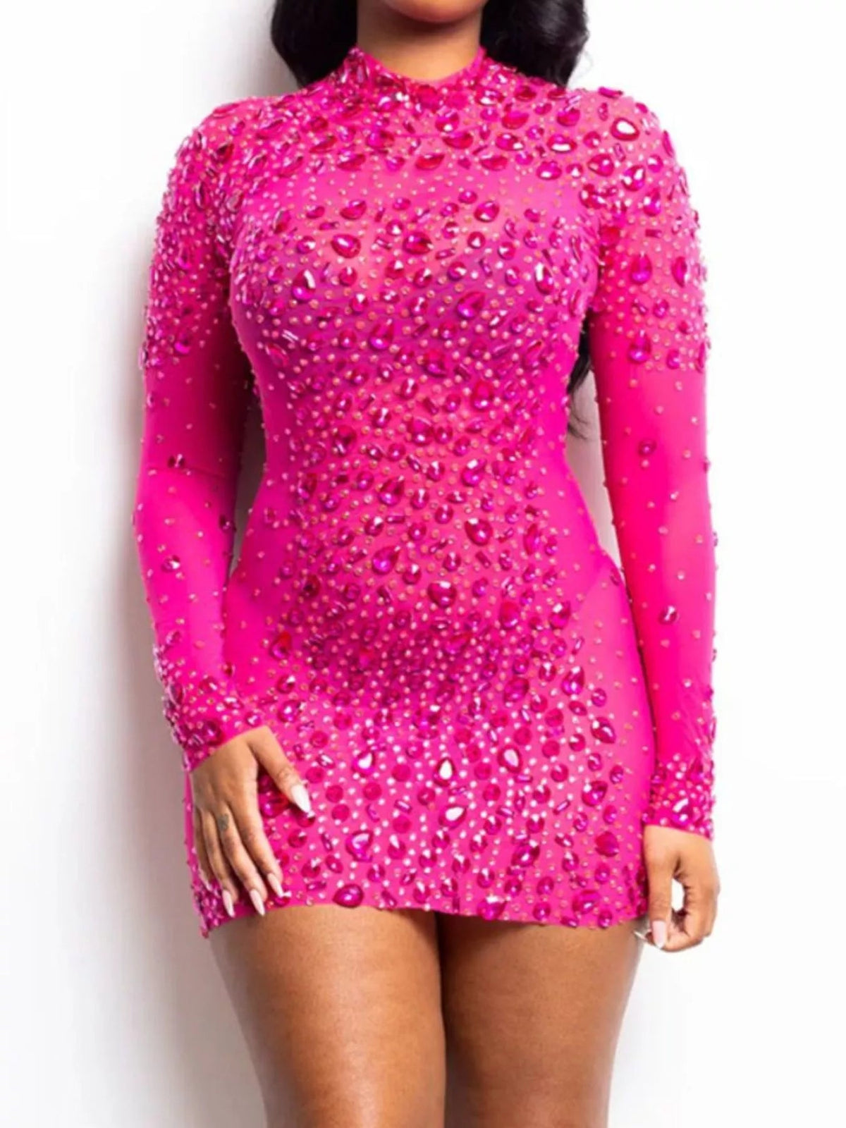 Rhinestone Embellished Long Sleeve Bodycon Mini Dress - Flip Flop Dynasty