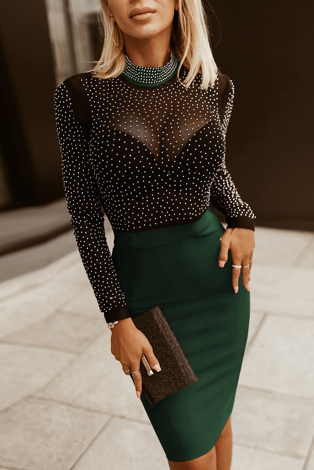 Rhinestone Mock Neck Long Sleeve Dress - Flip Flop Dynasty