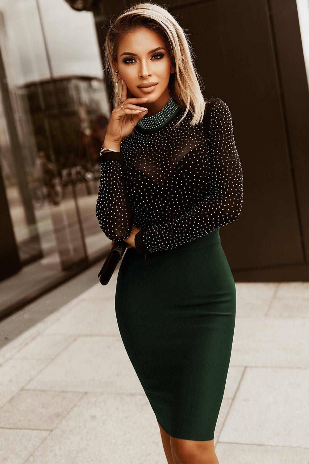 Rhinestone Mock Neck Long Sleeve Dress - Flip Flop Dynasty