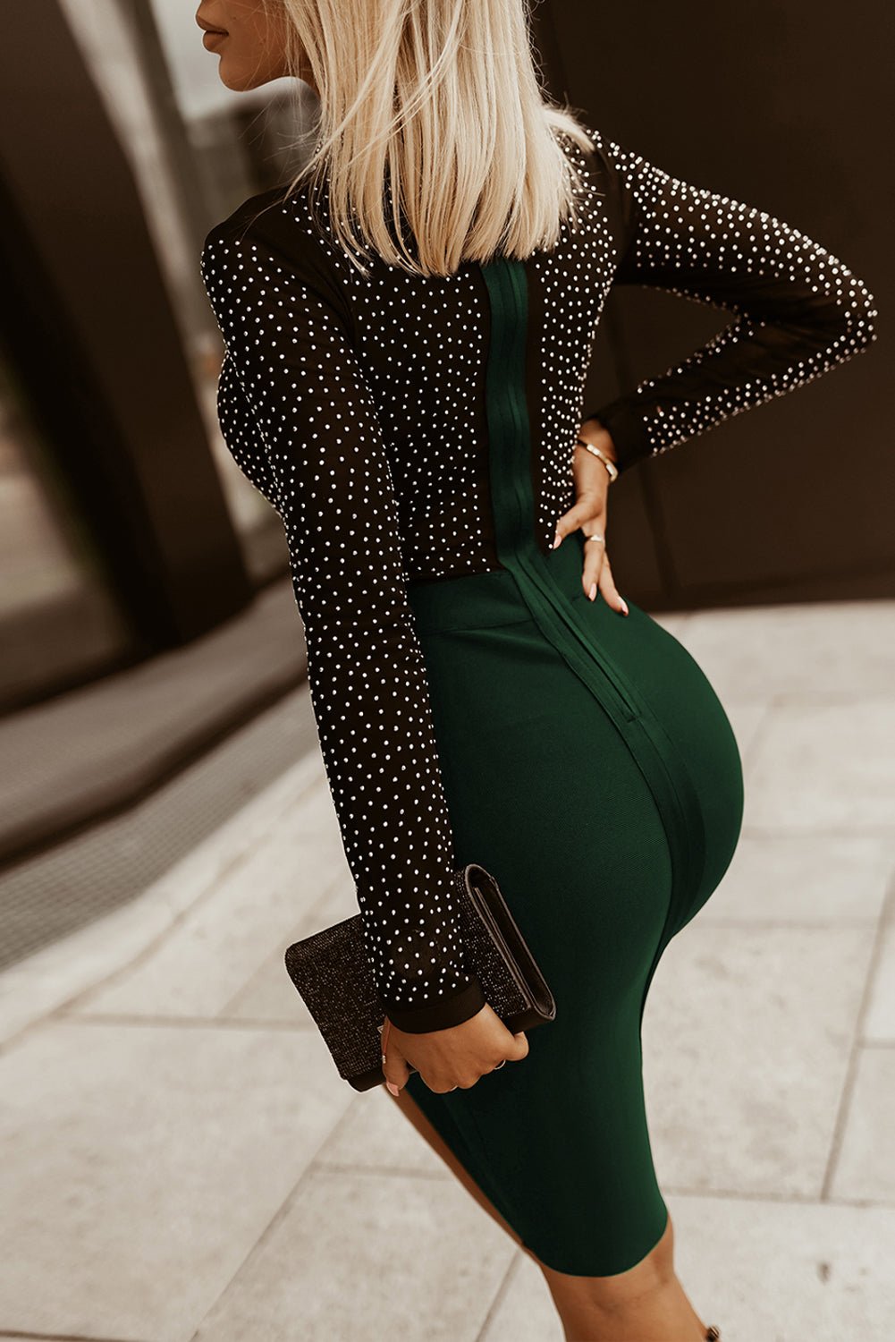 Rhinestone Mock Neck Long Sleeve Dress - Flip Flop Dynasty