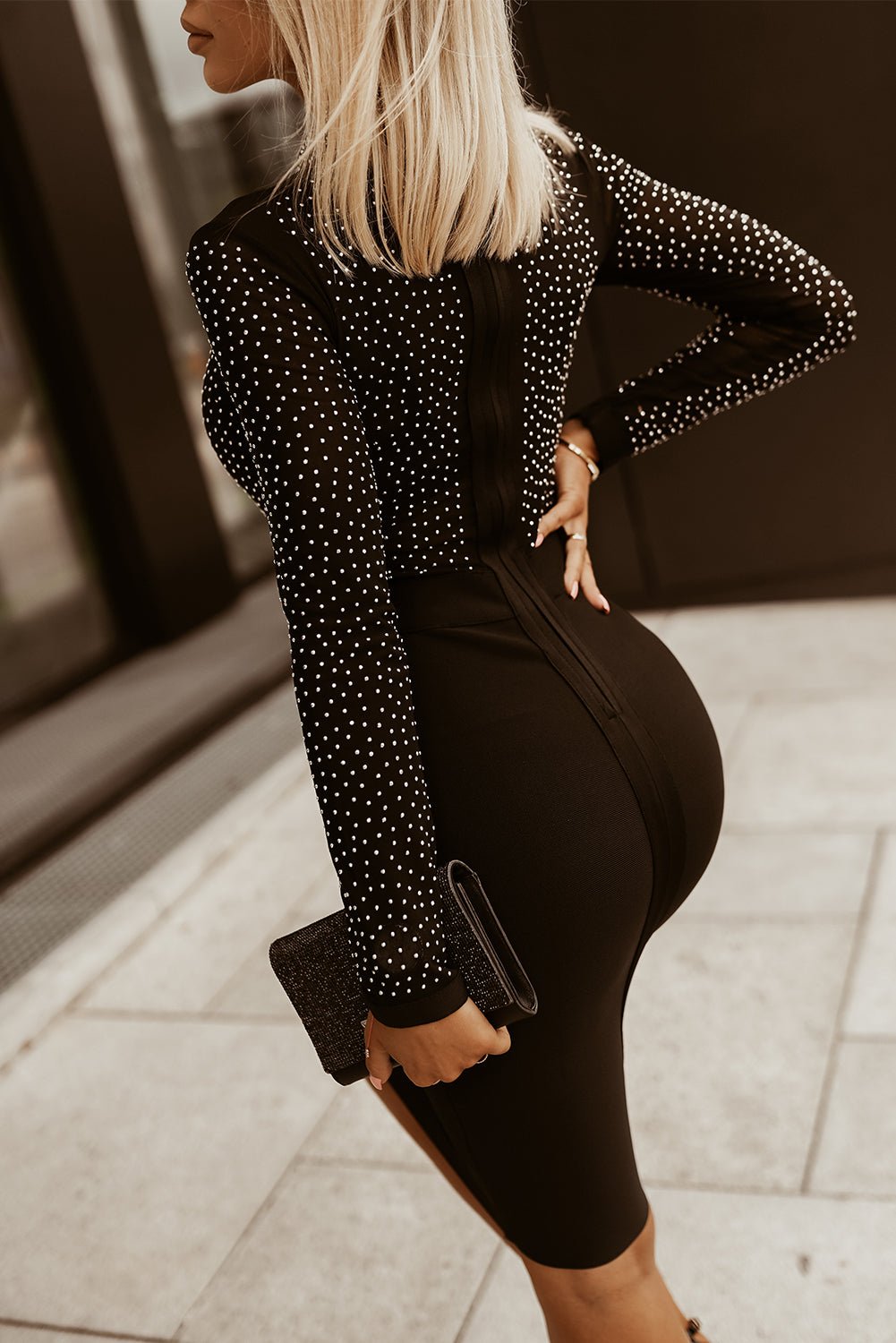 Rhinestone Mock Neck Long Sleeve Dress - Flip Flop Dynasty