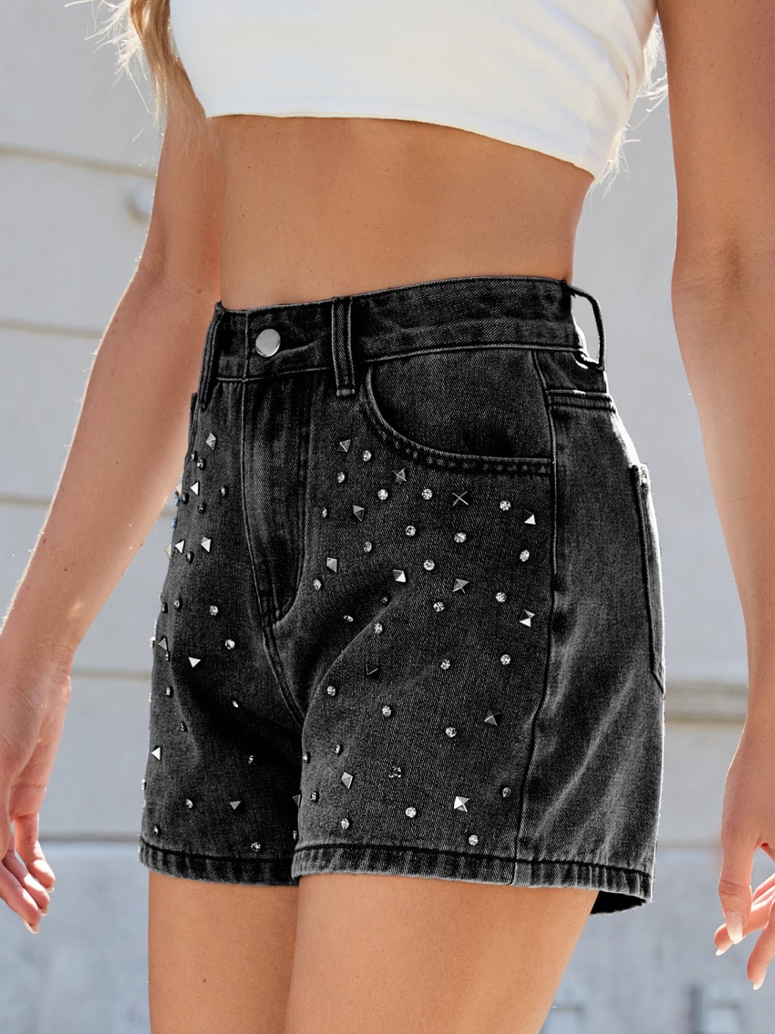 Rhinestone Washed High Waist Denim Shorts - Flip Flop Dynasty